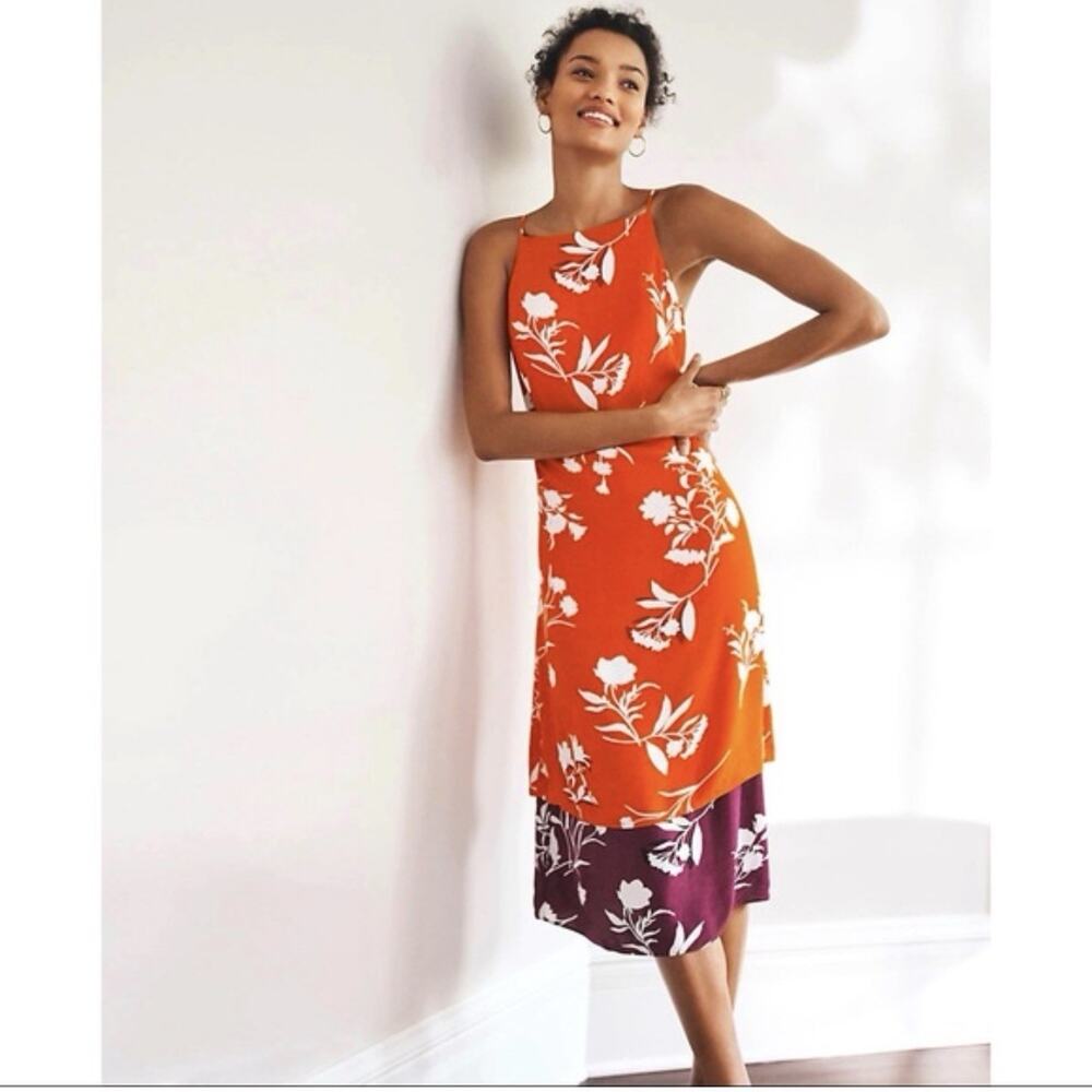 Ann Taylor Floral Midi Dress Women’s 16 Spaghetti Strap Orange Purple White